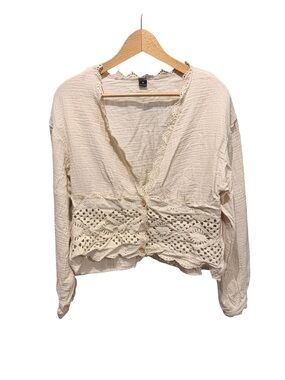 Boho Crochet Trim Cream Women's Button-Front Top